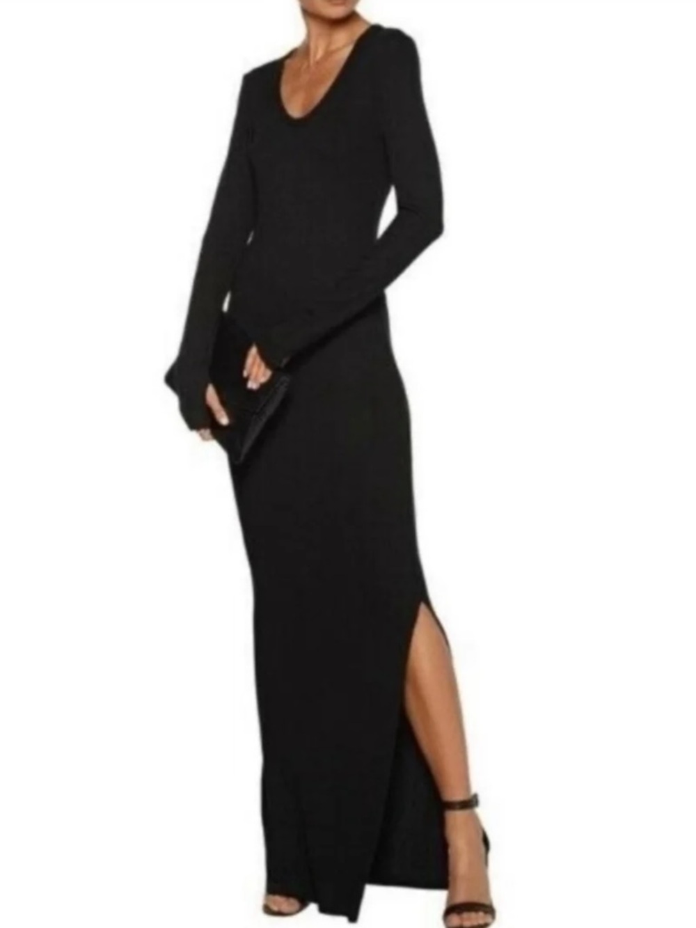 L’AGENCE Black Soft Ribbed Knit Maxi Dress with Slit and Thumb Holes sz Medium